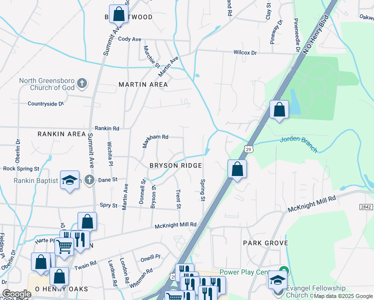 map of restaurants, bars, coffee shops, grocery stores, and more near 3400 Presley Way in Greensboro