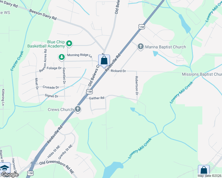 map of restaurants, bars, coffee shops, grocery stores, and more near 233 Gaither Road in Winston-Salem