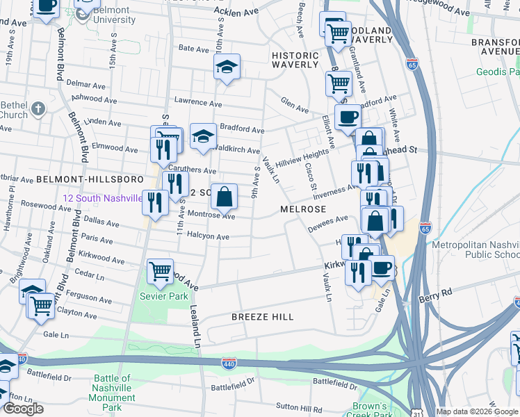 map of restaurants, bars, coffee shops, grocery stores, and more near 807 Montrose Avenue in Nashville