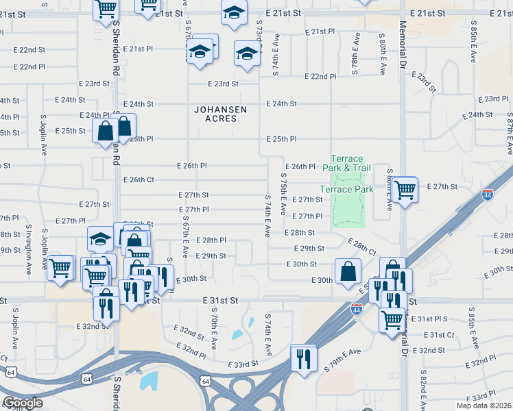 map of restaurants, bars, coffee shops, grocery stores, and more near 6785 East 28th Street in Tulsa