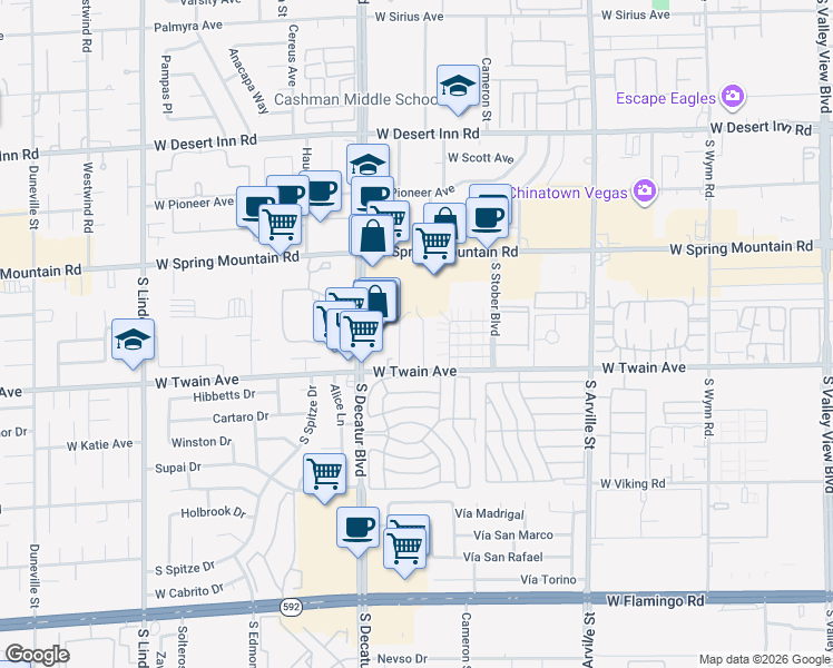 map of restaurants, bars, coffee shops, grocery stores, and more near 3639 Kolendo Court in Las Vegas