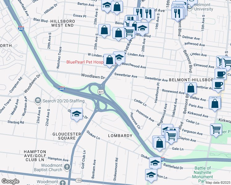 map of restaurants, bars, coffee shops, grocery stores, and more near 2014 Cedar Lane in Nashville