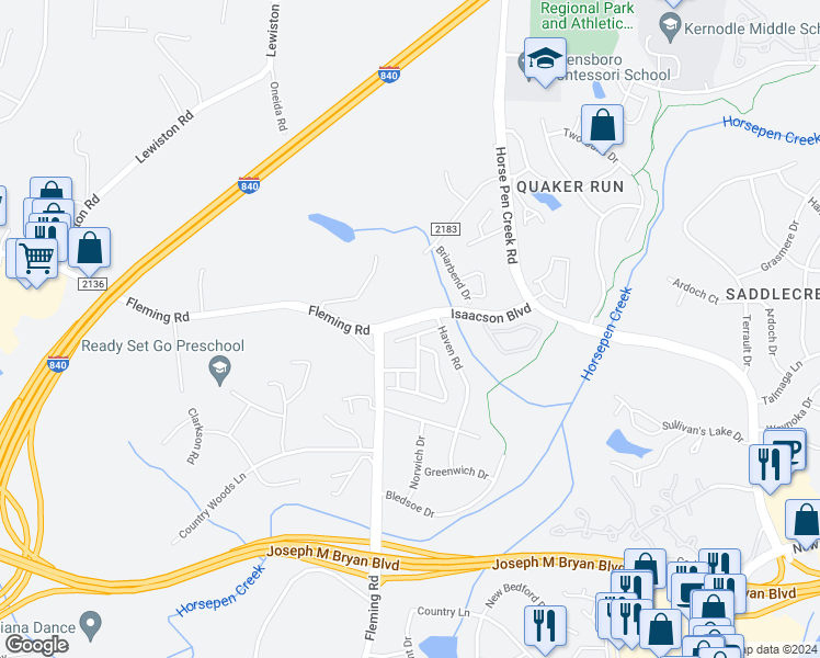 map of restaurants, bars, coffee shops, grocery stores, and more near 5620 Harbor House Drive in Greensboro