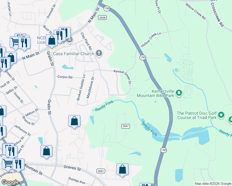 map of restaurants, bars, coffee shops, grocery stores, and more near 989 Kensal Green Drive in Kernersville