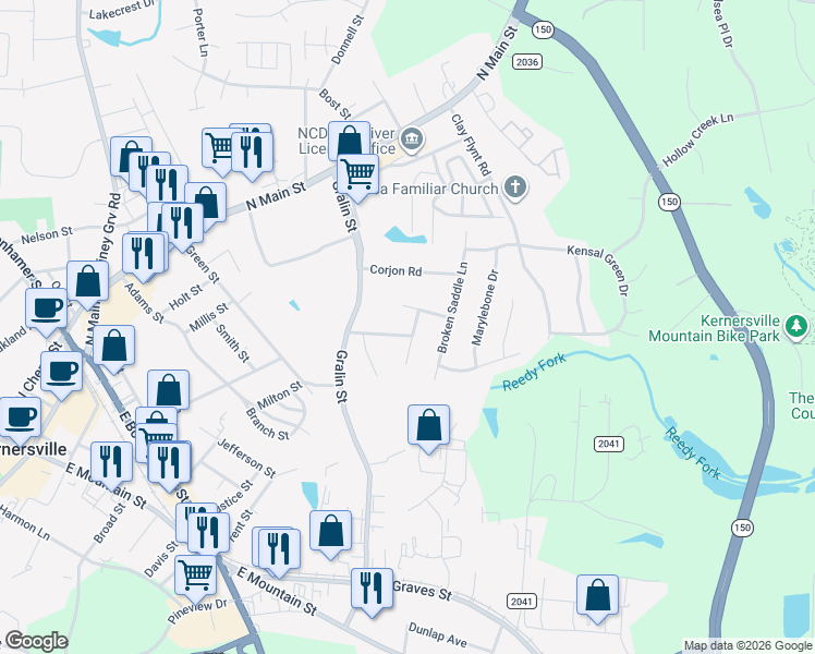 map of restaurants, bars, coffee shops, grocery stores, and more near 403 Tar Heel Lane in Kernersville