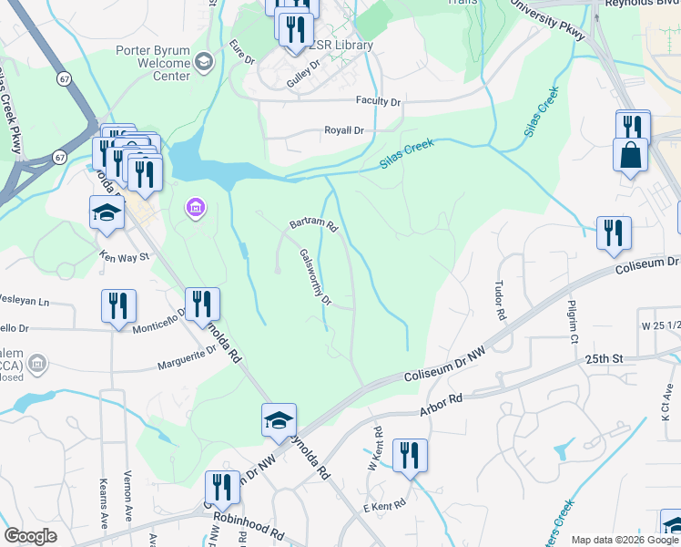 map of restaurants, bars, coffee shops, grocery stores, and more near 2810 Bartram Road in Winston-Salem