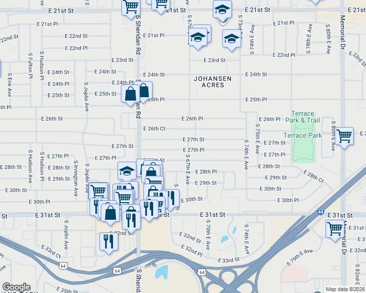 map of restaurants, bars, coffee shops, grocery stores, and more near 6619 East 28th Street in Tulsa