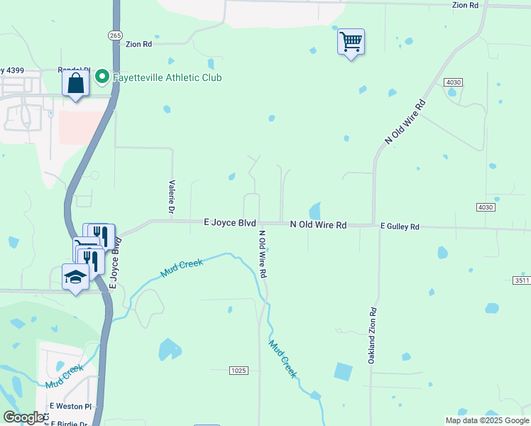 map of restaurants, bars, coffee shops, grocery stores, and more near 4001 North Old Wire Road in Fayetteville