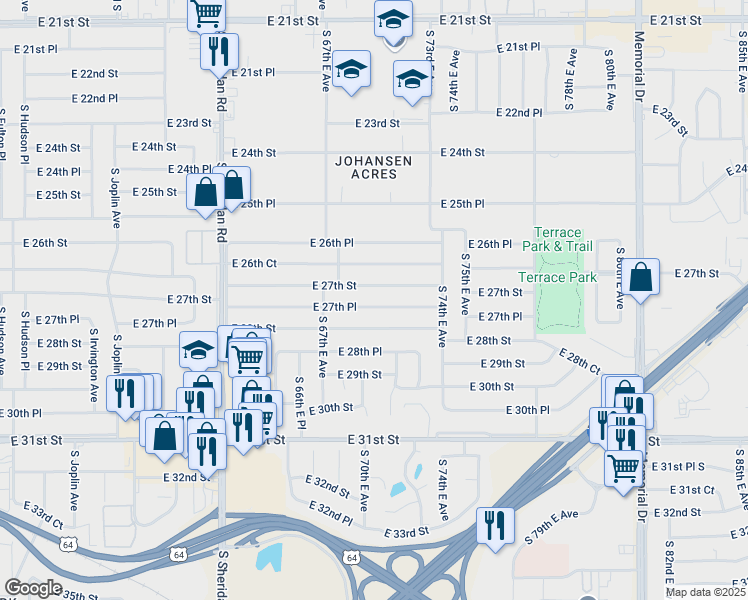 map of restaurants, bars, coffee shops, grocery stores, and more near 6749 East 27th Place in Tulsa