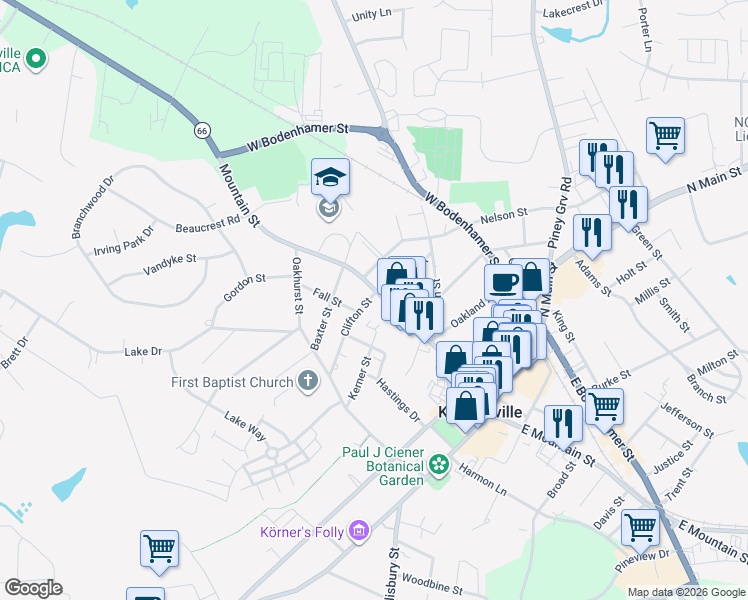 map of restaurants, bars, coffee shops, grocery stores, and more near 329 West Mountain Street in Kernersville