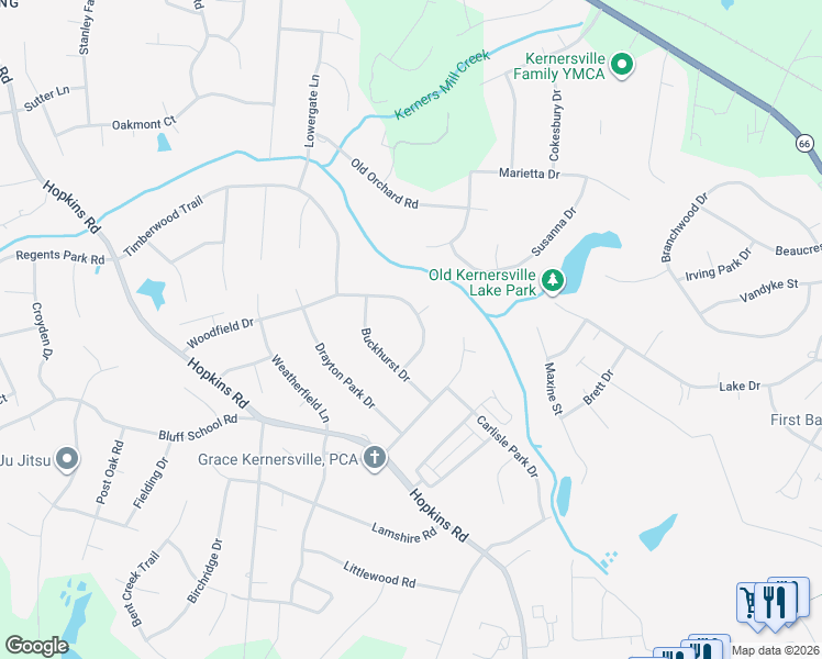 map of restaurants, bars, coffee shops, grocery stores, and more near 5976 Woodfield Drive in Kernersville