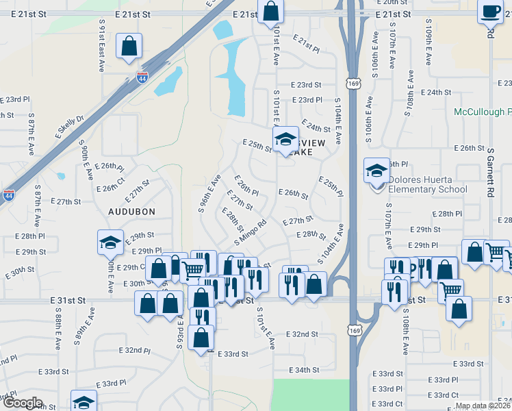 map of restaurants, bars, coffee shops, grocery stores, and more near 9659 East 28th Street in Tulsa