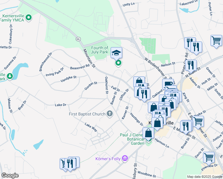 map of restaurants, bars, coffee shops, grocery stores, and more near 210 Baxter Street in Kernersville
