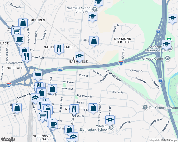 map of restaurants, bars, coffee shops, grocery stores, and more near 100 Rose Street in Nashville