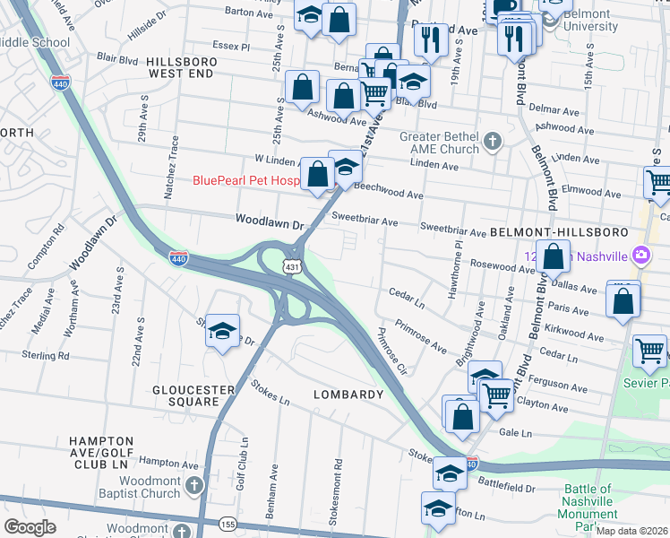 map of restaurants, bars, coffee shops, grocery stores, and more near 2011 Cedar Lane in Nashville