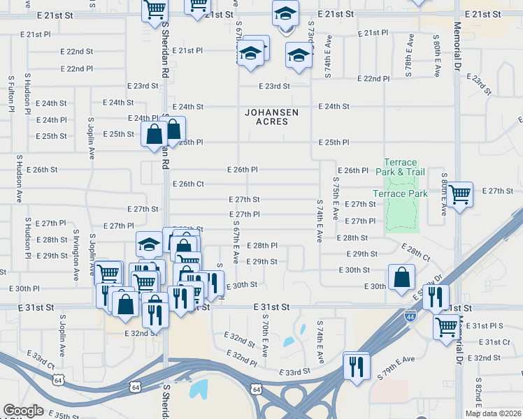 map of restaurants, bars, coffee shops, grocery stores, and more near 6749 East 28th Street in Tulsa