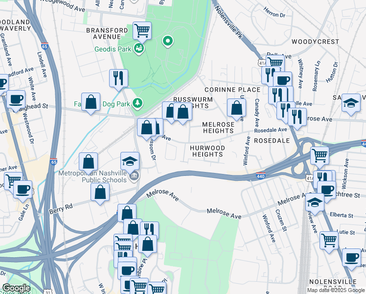 map of restaurants, bars, coffee shops, grocery stores, and more near 553 Rosedale Avenue in Nashville