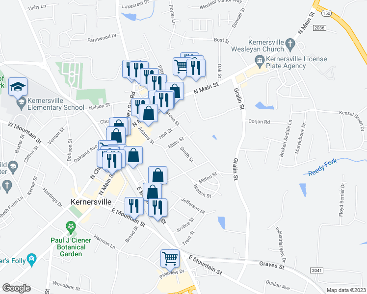 map of restaurants, bars, coffee shops, grocery stores, and more near 207 Smith Street in Kernersville