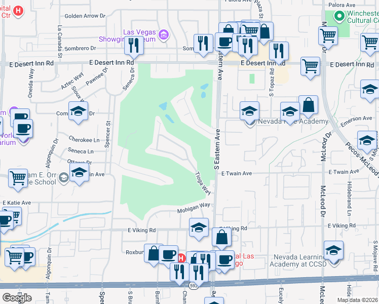 map of restaurants, bars, coffee shops, grocery stores, and more near 3672 Tioga Way in Las Vegas