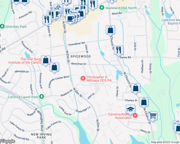 map of restaurants, bars, coffee shops, grocery stores, and more near 3625 Flint Street in Greensboro