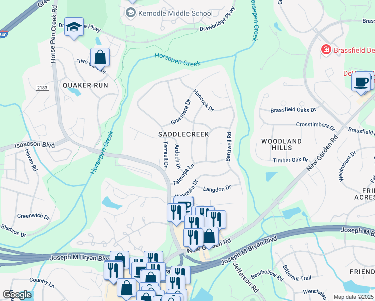 map of restaurants, bars, coffee shops, grocery stores, and more near 3010 Bannock Lane in Greensboro