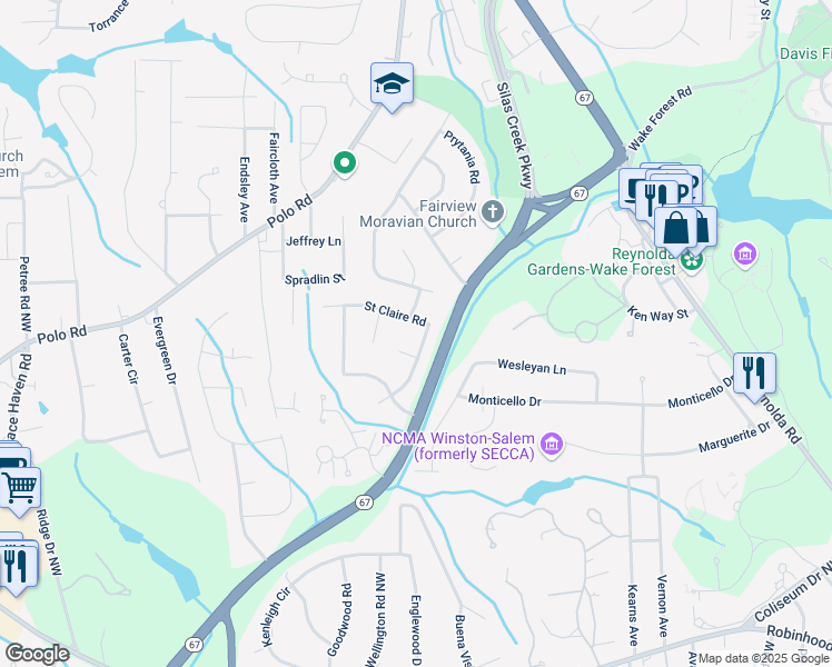 map of restaurants, bars, coffee shops, grocery stores, and more near 2911 Saint Claire Road in Winston-Salem