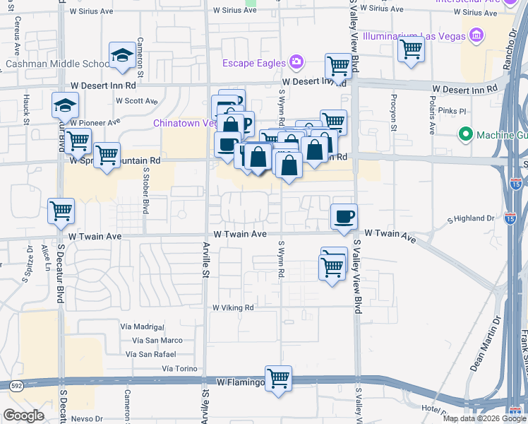 map of restaurants, bars, coffee shops, grocery stores, and more near 4151 Sanderling Circle in Las Vegas