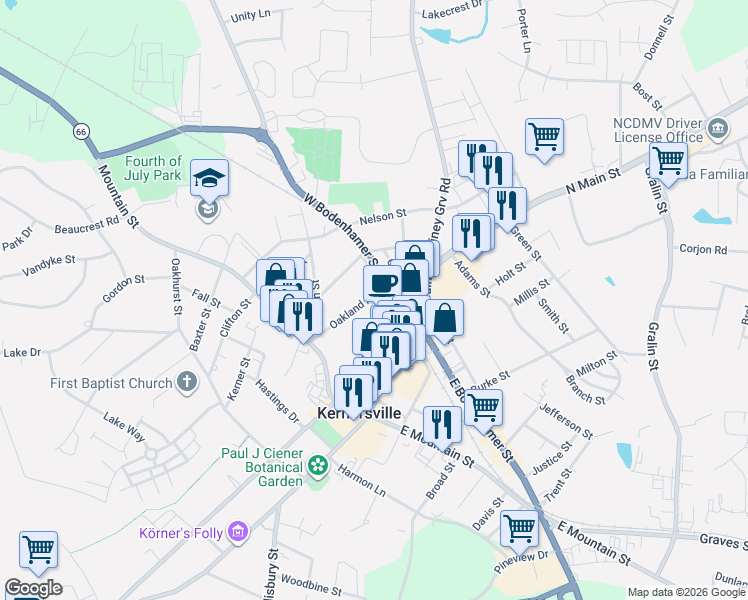map of restaurants, bars, coffee shops, grocery stores, and more near 139 Oakland Avenue in Kernersville