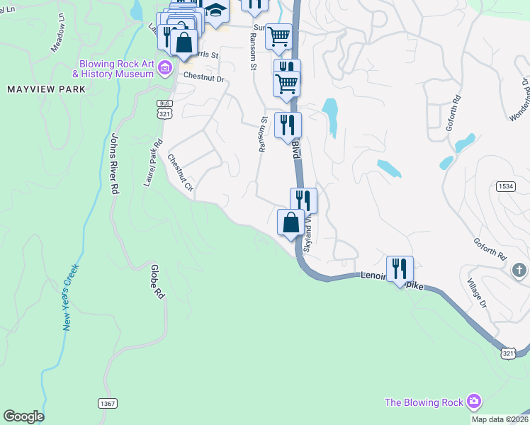 map of restaurants, bars, coffee shops, grocery stores, and more near 846 Ransom Street in Blowing Rock