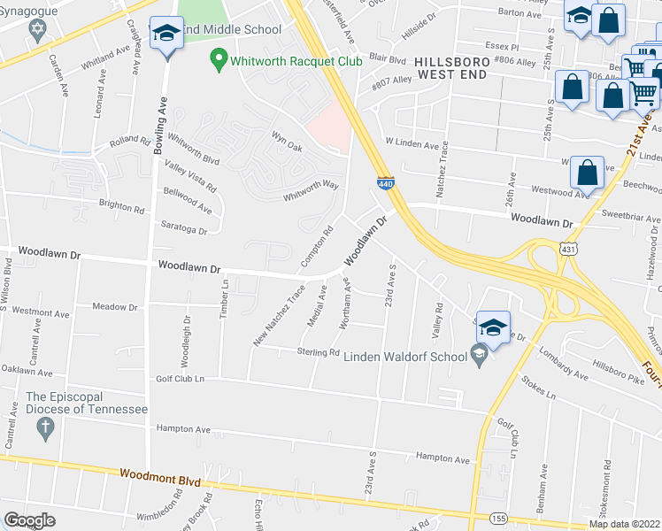 map of restaurants, bars, coffee shops, grocery stores, and more near 2906 Woodlawn Drive in Nashville