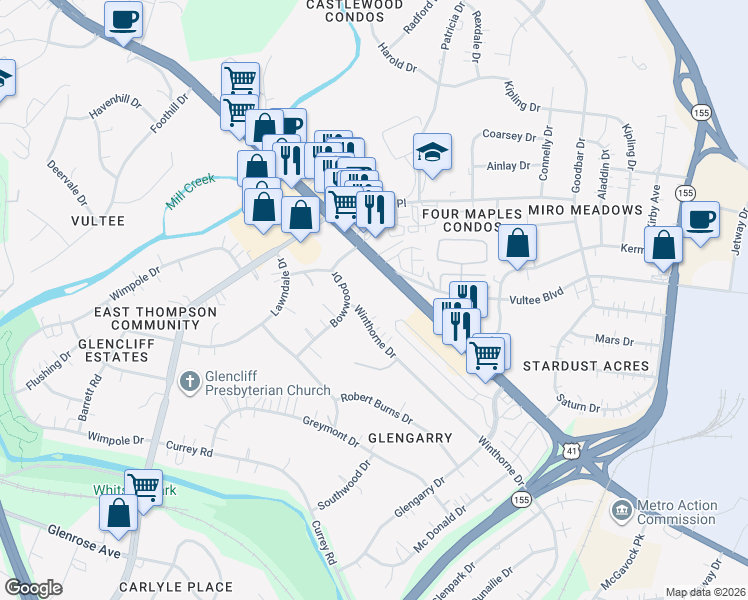 map of restaurants, bars, coffee shops, grocery stores, and more near 1141 Vultee Boulevard in Nashville