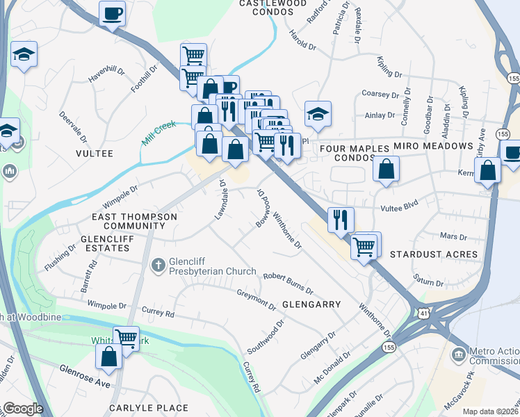 map of restaurants, bars, coffee shops, grocery stores, and more near 308 Bowwood Drive in Nashville