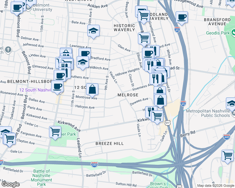 map of restaurants, bars, coffee shops, grocery stores, and more near 2501 Vaulx Lane in Nashville