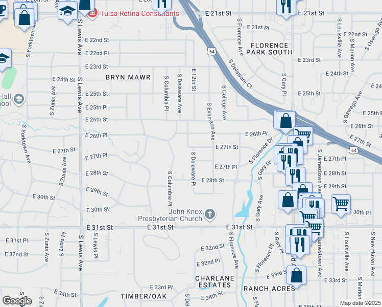 map of restaurants, bars, coffee shops, grocery stores, and more near in Tulsa
