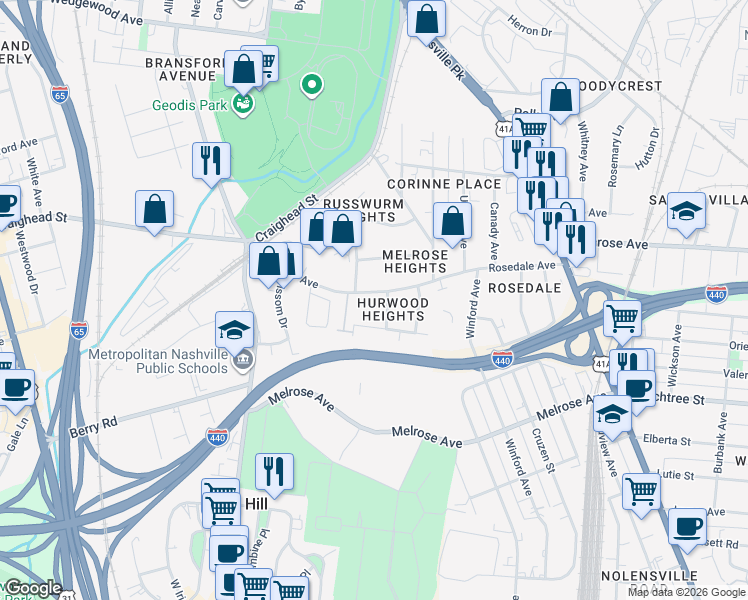 map of restaurants, bars, coffee shops, grocery stores, and more near 530 Rosedale Avenue in Nashville