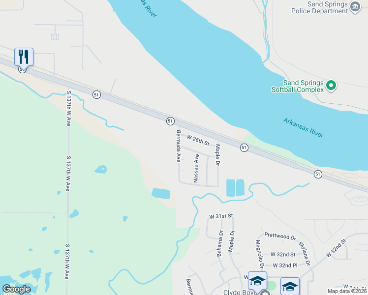 map of restaurants, bars, coffee shops, grocery stores, and more near 2604 Bermuda Avenue in Sand Springs