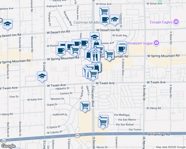 map of restaurants, bars, coffee shops, grocery stores, and more near 3625 South Decatur Boulevard in Las Vegas