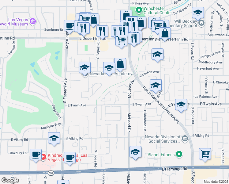 map of restaurants, bars, coffee shops, grocery stores, and more near 2830 East Gables Vale Court in Las Vegas