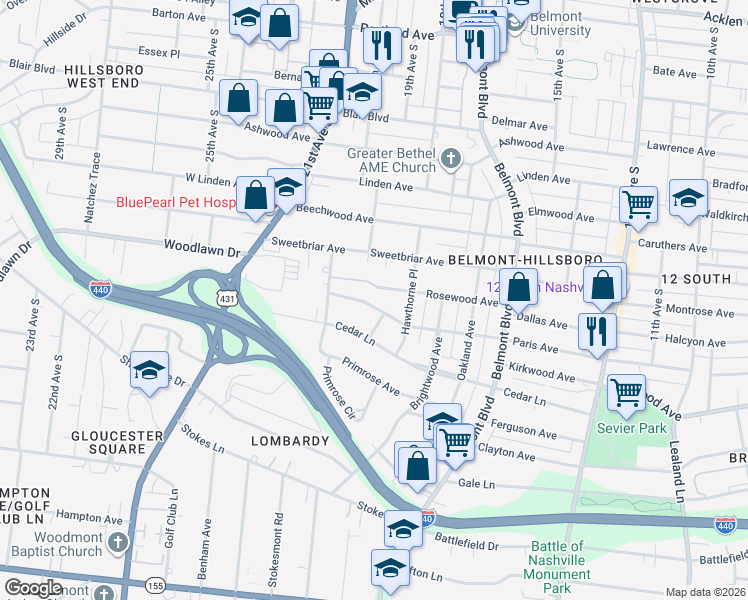 map of restaurants, bars, coffee shops, grocery stores, and more near 2820 Hazelwood Drive in Nashville