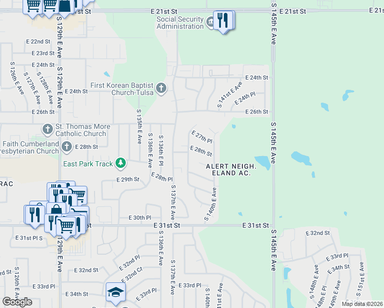 map of restaurants, bars, coffee shops, grocery stores, and more near 13826 East 27th Place in Tulsa