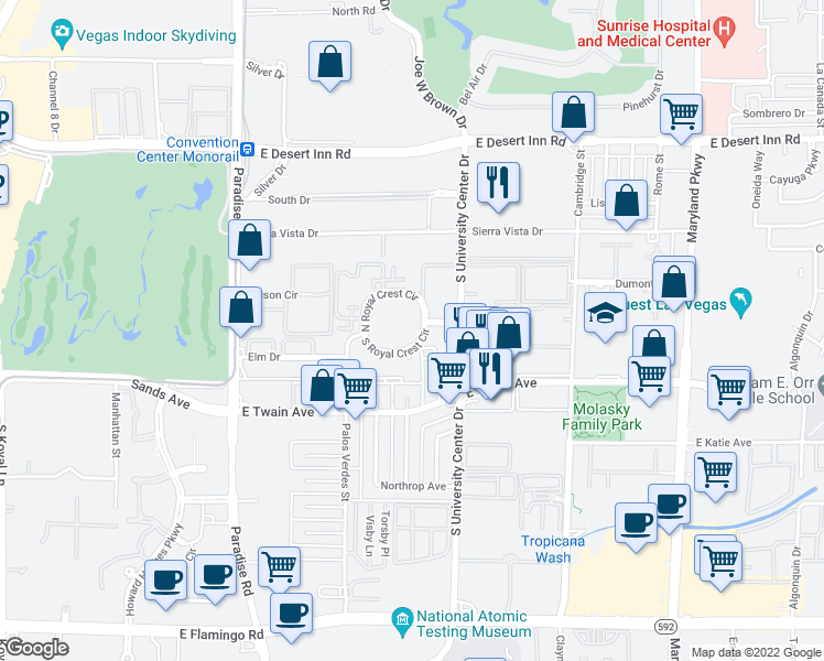 map of restaurants, bars, coffee shops, grocery stores, and more near 745 North Royal Crest Circle in Las Vegas