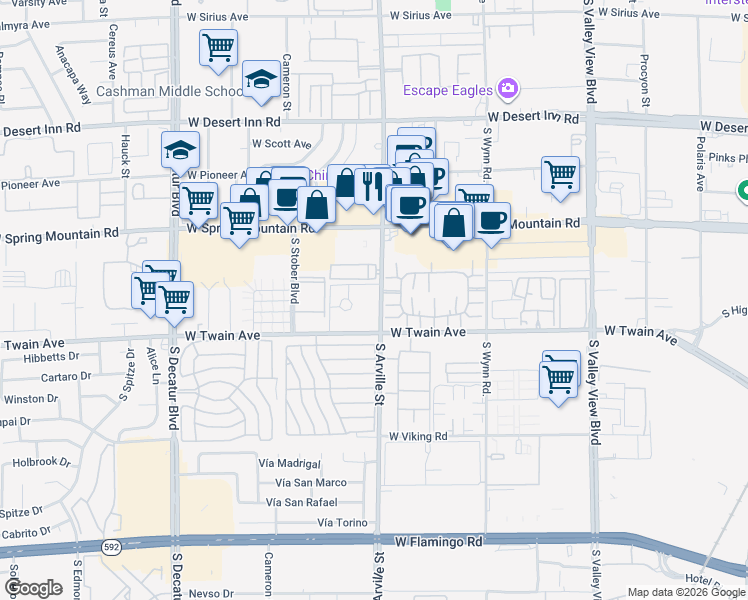 map of restaurants, bars, coffee shops, grocery stores, and more near 3597 Arville Street in Las Vegas