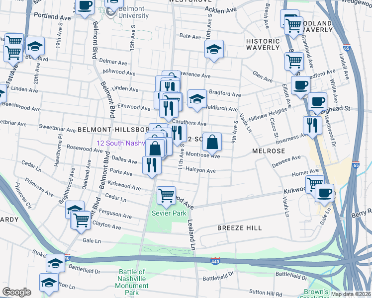 map of restaurants, bars, coffee shops, grocery stores, and more near 1005 Gilmore Avenue in Nashville