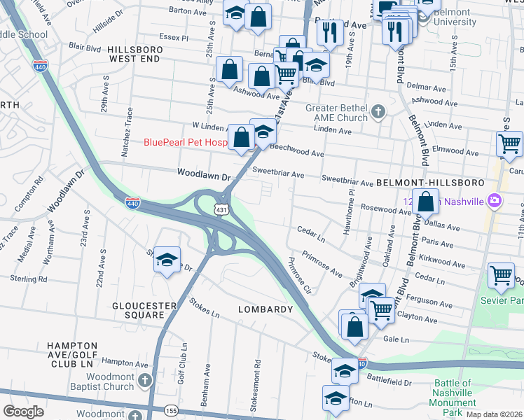 map of restaurants, bars, coffee shops, grocery stores, and more near 107 Bonnie Briar Lane in Nashville