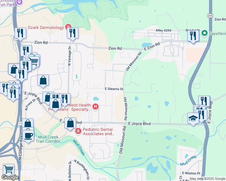 map of restaurants, bars, coffee shops, grocery stores, and more near 2083 East Stearns Street in Fayetteville