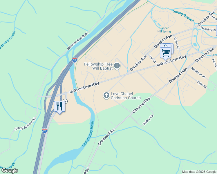 map of restaurants, bars, coffee shops, grocery stores, and more near 1720 Jackson Love Highway in Erwin