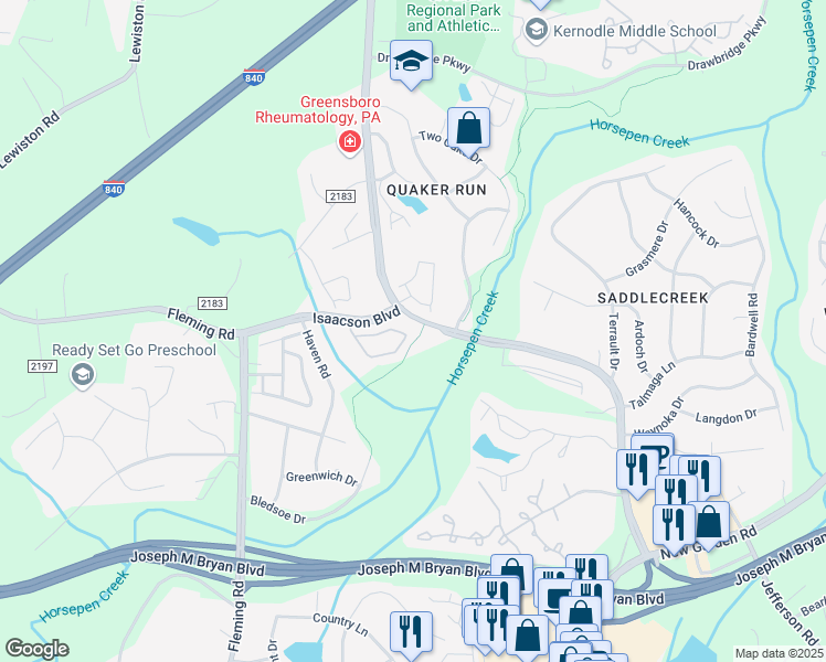 map of restaurants, bars, coffee shops, grocery stores, and more near 100 Tannenbaum Circle in Greensboro