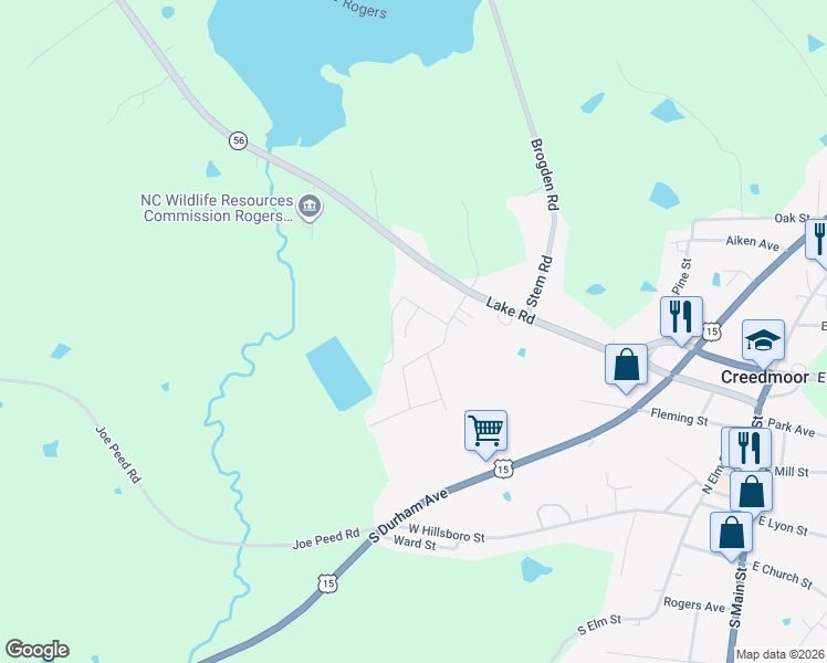 map of restaurants, bars, coffee shops, grocery stores, and more near 804 Lagoon Street in Creedmoor