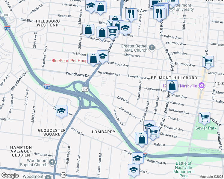 map of restaurants, bars, coffee shops, grocery stores, and more near 2820 Hazelwood Drive in Nashville