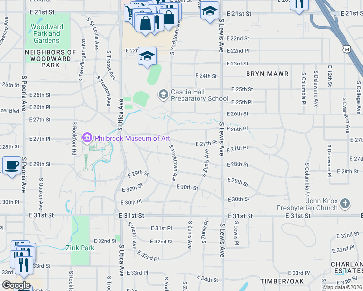 map of restaurants, bars, coffee shops, grocery stores, and more near 2144 East 26th Place in Tulsa